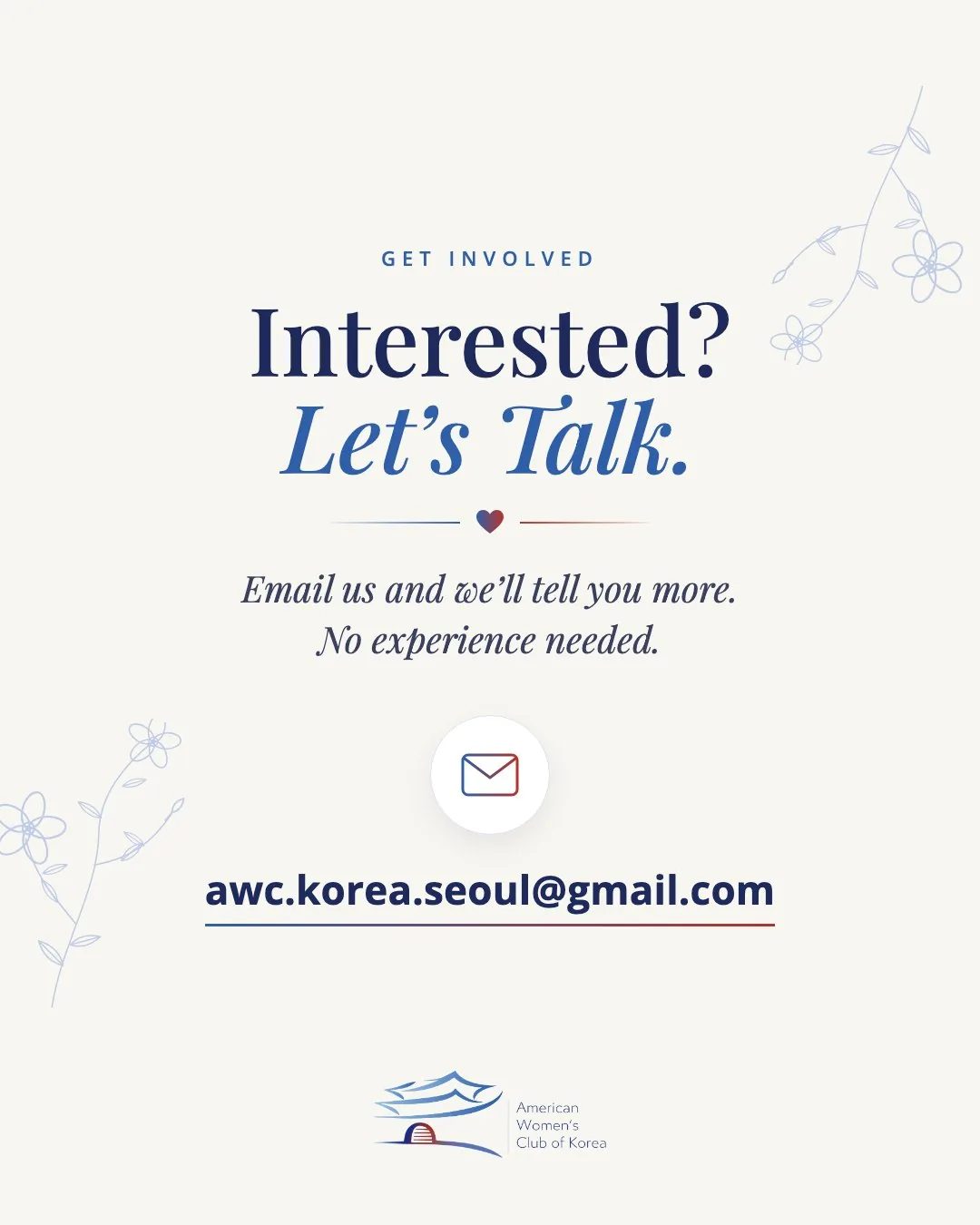 Interested? Let's Talk. Email us and we'll tell you more. No experience needed. awc.korea.seoul@gmail.com
